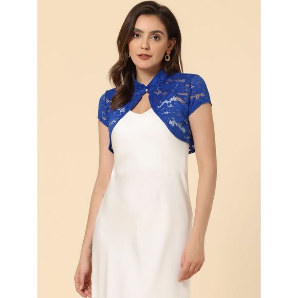 Lace Cardigan Stand Collar Short Sleeve Shrug Royal Blue - Picture 2 of 5